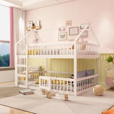 Produktbild von Merax Etagenbett 140x200cm mit Leiter und Tür, Kinderbett mit Rausfallschutz und Dach, Hochbett mit Lattenrost, Kieferholz Stockbett Jugendbett, Weiß