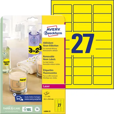 Produktbild von Avery Zweckform L6004-25, Etiketten in Sonderfarben, A4, 63,5 x 29,6 mm, 675 Etiketten / 25 Bögen, Neongelb