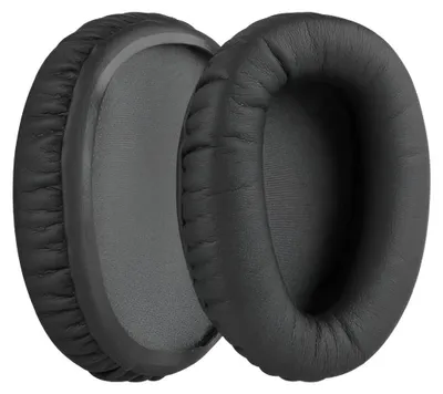 Two black ear pads for headphones are shown against a light gray background.