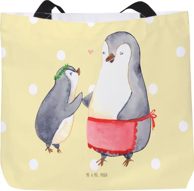 Produktbild von Mr. & Mrs. Panda Reisetasche Pinguin mit Kind - Gelb Pastell - Geschenk, Laptoptasche, Schultasche, Einkaufstasche, Muttertag, Tasche, Beutel, Familie, Mom, Pinguine