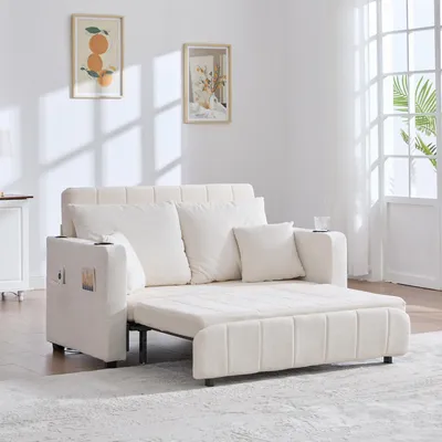 Obrázek produktu pro okwish multifunkční rozkládací pohovka s USB nabíjením a držáky na nápoje dvoumístná pohovka lounge sofa s područkami a úložnou kapsou rozkládací klapací sofa pro obývací pokoj béžová