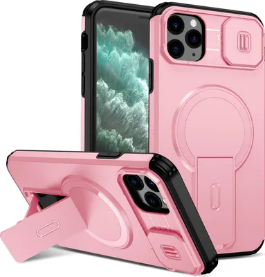 Obrázek produktu pro Magnetické pouzdro pro iPhone 11 Pro Max, dvouvrstvé odolné pouzdro s posuvnou ochranou fotoaparátu a nastavitelným stojánkem Růžová