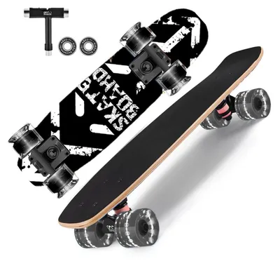 Produktbild von Skateboard mit blinkenden Rädern für Anfänger, 9 Lagen Ahorn-Deck, 56x16 cm, Schwarzweiß