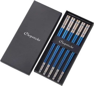 Productafbeelding van Blauwe Roestvrij Stalen Eetstokjes - 5 Paar Sushi Sticks 23,4 cm Antislip en Vaatwasmachinebestendig