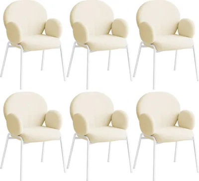 Six cream-colored chairs with bouclé upholstery and white metal legs are arranged in two rows of three against a white background.