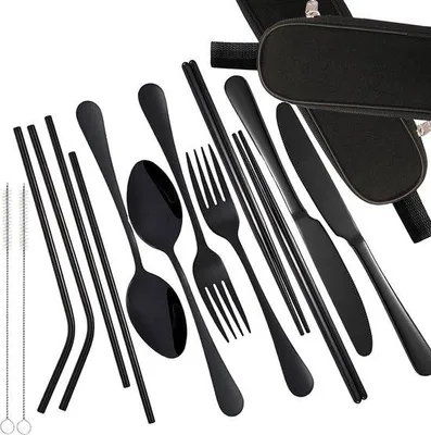 Image de Kit de camping et de plein air portable pour 1 à 2 personnes - Trousse de santé de voyage en acier avec étui - Couteau, fourchette, cuillère, pailles et petite cuillère, noir