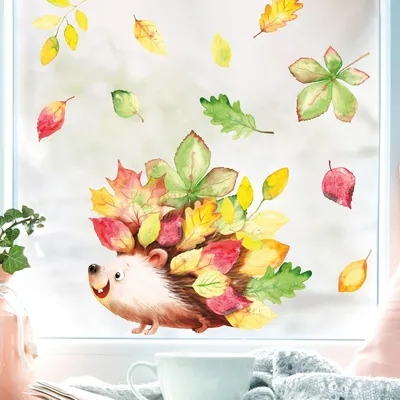 Productafbeelding van Vensterdecoratie, herfstbladeren, egeltje, kleurrijk, herbruikbare raamstickers, kinderkamer, baby, kind, formaat A4