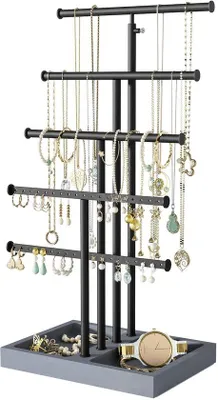 Produktbild von Ibenzoa® Schmuckständer – drehbarer Schmuck-Organizer mit 5 Ebenen für Ketten, Ohrringe, Ringe & Armbänder, Paulownia-Holz, Schwarz‑Grau, 43,5×16×22 cm