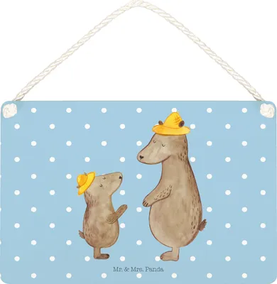 Produktbild von Mr. & Mrs. Panda Schild Bären mit Hut DIN A4 - Blau Pastell - Geschenk, Muttertag, Vatertag, holzbild, Familie, wandtafel, Wandbild Holz, Family, Türschild, Holzschild