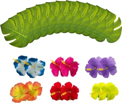 Obrázok produktu pre Umelé tropické palmové listy – dekorácia 18 x 20 cm, kvety ibišteka, plastové listy monstery, tropické listy – dekorácia na plážovú párty
