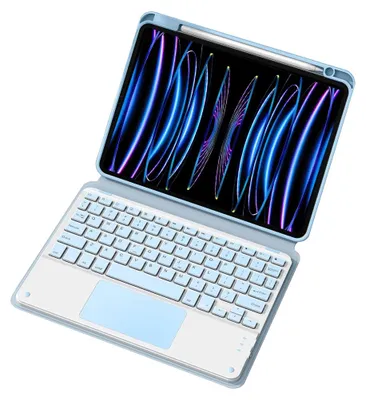 A light blue tablet case with an attached keyboard and trackpad, open and displaying a tablet screen with a colorful abstract wallpaper. A stylus is docked at the top.