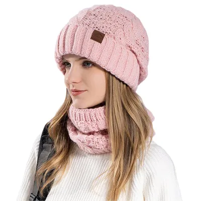Produktbild von Damen Wintermütze Strickmütze mit Schal für Outdoor Sportarten, Rosa