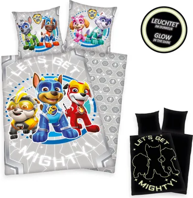 Produktbild von Paw Patrol Bettwäsche / Kinderbettwäsche, 100% Baumwolle ( Renforcé ), 80x80 + 135x200 cm, mit Glow in the dark - Effekt