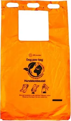 Produktbild von Hundekotbeutel mit Verschlussbändern, ORANGE bedruckt schwarz - abreissbar - 21 x 35 + 3 cm, 1000 Beutel