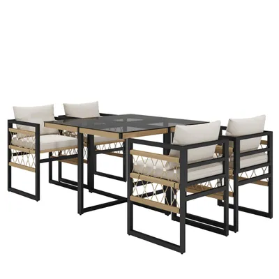 Immagine prodotto di Set divano da giardino intrecciato a mano per 4 persone / Realizzato in robusto ferro con 4 cuscini beige / Compreso 1 tavolo in vetro temperato e 4 poltrone