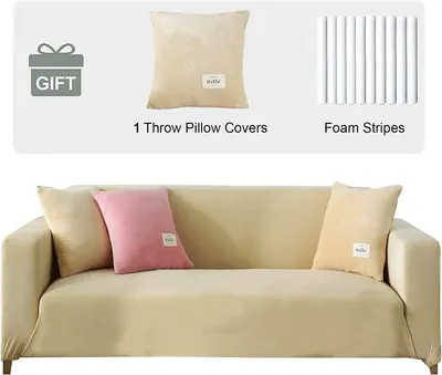 Produktbild von Samt Sofabezug 3 Sitzer- Weich Stretch Couchbezug rutschfester Sofaschutz Sofahusse Plüsch Sofa Schonbezüge mit 1 Kissenbezug für Wohnzimmer,Beige,3-Sitzer