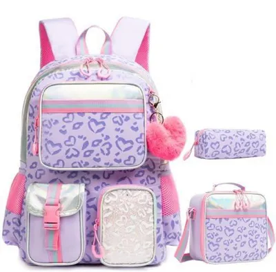 Immagine prodotto di Set di zaini per bambine, colore lilla, 3 pezzi, adatti per la scuola materna e le elementari, realizzati in nylon