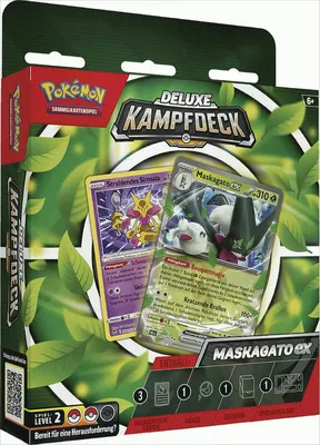 A product box for a Pokemon Deluxe Battle Deck featuring Maskagato-ex, with two Pokemon cards displayed.