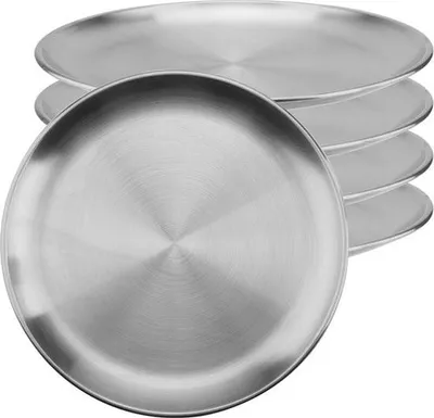 Zdjęcie produktu dla Talerze obiadowe ze stali nierdzewnej - 5 sztuk 20 cm - okrągłe talerze do serwowania - odporne na rdzę - srebrne metalowe talerze - grillowanie na kempingu - pikniki - do użytku na zewnątrz