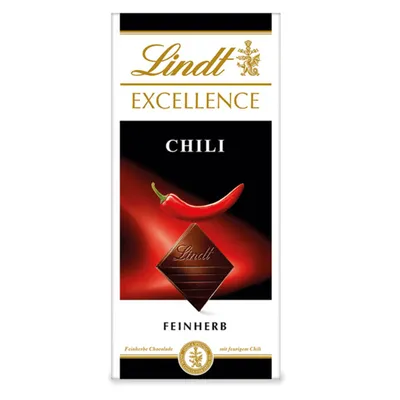 A product shot of a Lindt Excellence Chili chocolate bar packaging.