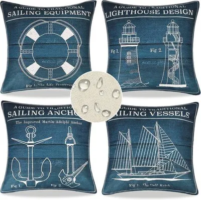 Produktbild von Famanu Kissenhüllen Set 4 Stück 50 x 50 cm - Wasserfest, Blau gestreift