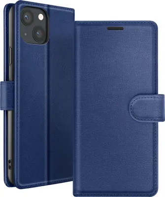 A dark blue flip case for an iPhone 13 is shown against a white background.