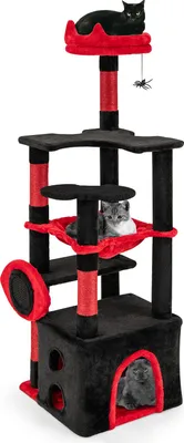 Produktbild von GOPLUS Kratzbaum groß, gothischer Katzenbaum mit 2 Plattform, Kratzsäulen, Hängematte&Höhle, gothic Klettermöbel für Katzen, Schwarz+Rot