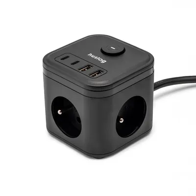 Zdjęcie produktu dla Huslog przedłużacz kostka z USB HUS1003 czarny 3 gniazda 2x USB 2x USB-C 1,4 m