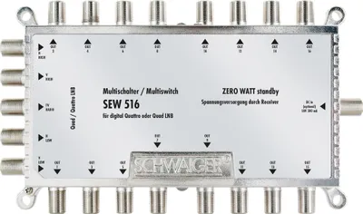 Obrázek produktu pro Schwaiger SAT multipřepínač SEW516 531 Vstupy (multipřepínač): 5 (4 SAT/1 pozemní) Počet účastníků: 16 StandBy- (SEW516 531)