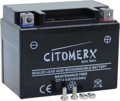 A black sealed lead-acid rechargeable battery with branding and specifications printed on it.