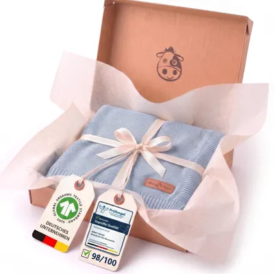Produktbild von Minky Mooh® Babydecke 94x72 cm aus 100% Baumwolle – Kuscheldecke & Pucktuch für geborene – Graublau