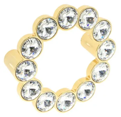 Imagen del producto de Pomo para muebles de zamak y cristal. Distancia entre agujeros: 64 mm. Acabado en dorado
