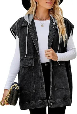 Produktbild von ASKSA Damen Jeansweste Kapuze aermellos Laessige Locker Elegante Jeansjacke Jacke Mantel, B Dunkelgrau, L