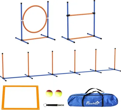 Image de Set d'entraînement Agility pour chiens - Accessoires d'agility - Set de 4 pièces - Acier inoxydable - Orange et bleu