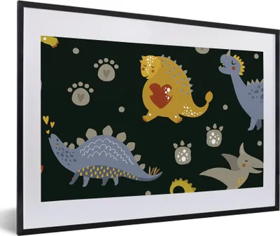 Produktbild von MuchoWow® Gerahmtes Poster Dino - Kinder - Schnittmuster - Jungen - Mädchen - Dinosaurier 60x40 cm - Poster mit Schwarzem Bilderrahmen Wandposter Rahmen Foto Bilder - Schlafzimmer - Plakat in Rahmen - Drucken