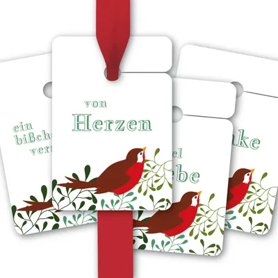 Produktbild von 8 edle Mistel Geschenkanhänger mit Vogel, Typo grün: von Herzen | mit ganz viel Liebe| Danke | ein bißchen verspätet
