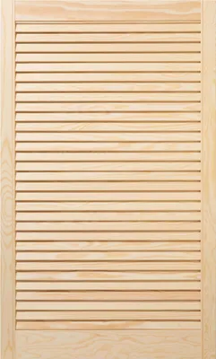 A close-up, full-frame shot of a wooden louvered door.