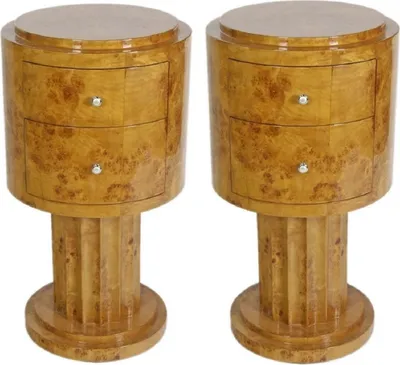 Produktbild von Casa Padrino Art Deco Beistelltisch Set Hellbraun Ø 40 x H. 75 cm - Runde Wurzelholz Beistelltische mit 2 Schubladen - Luxus Qualität