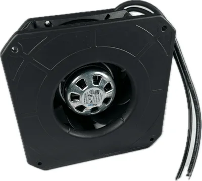 A black radial fan with a silver motor and black wires is shown against a light gray background.