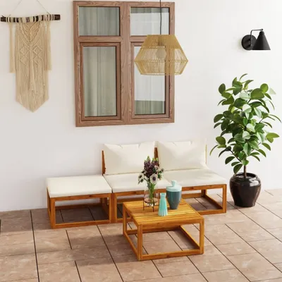 Produktbild von The Living Store 4-tlg. Garten-Lounge-Set mit Auflagen Creme Massivholz Akazie