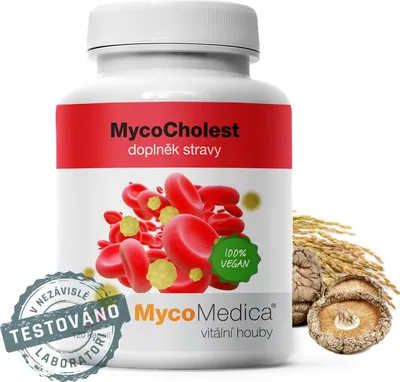 A white bottle of dietary supplement with a red label, surrounded by illustrations of red blood cells and yellow particles, along with images of dried mushrooms and rice stalks.