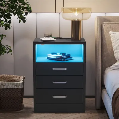 Produktbild von Nachttisch,Beistelltisch mit LED-Lichtern und Ladestation, Nachtschrank Schwarz Hochglanz Bettschrank, Kommode für Wohnzimmer Schlafzimmer 60x45x35cm