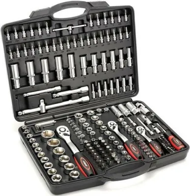 An open black toolbox filled with various metal tools, including sockets, ratchets, and bits.
