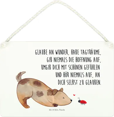 Produktbild von Mr. & Mrs. Panda Schild Hund Marienkäfer DIN A4 - Weiß - Geschenk, kleine aufmerksamkeit, Türschild, Deko, Sprüche, Hunde, Positiv, Mischlingshund, Holzschild, holzbild