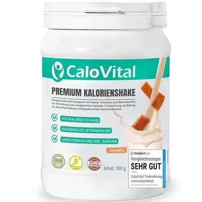 Produktbild von Trinknahrung hochkalorisch für Gewichtszunahme | Kohlenhydrate & Eiweiß als Kalorien Shake | Hochdosiert mit vielen Vitaminen Karamell 500g Pulver