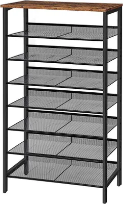 Zdjęcie produktu dla Półka przesuwna, 8 poziomów, wysoka i wąska, 75 x 30 x 137 cm, drewniana półka na 24–32 pary butów, metalowa, styl vintage, brązowo-czarna, EBF18XJ01