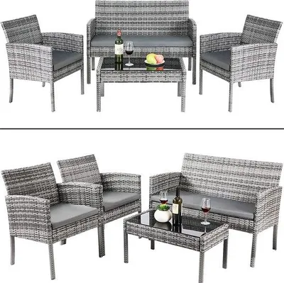 Image de Ensemble de mobilier de jardin - Banc de jardin avec table - comprenant un banc, des chaises et une table basse - avec coussins - Idéal pour le jardin - Gris