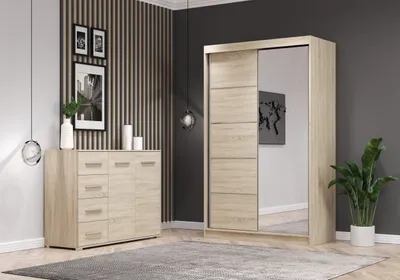 Produktbild von 2er-Set Schwebetürenschrank Schrank Kleiderschrank mit Spiegel Sonoma Eiche/Sonoma Eiche 120cm Neomi 05 mit Kommode 135cm FRIDA 01