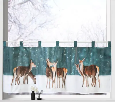 Produktbild von heimtexland ® Scheibengardine Weihnachten Deko Gardine Petrol 45x120 Rehe im Schnee Fensterdekoration Typ651