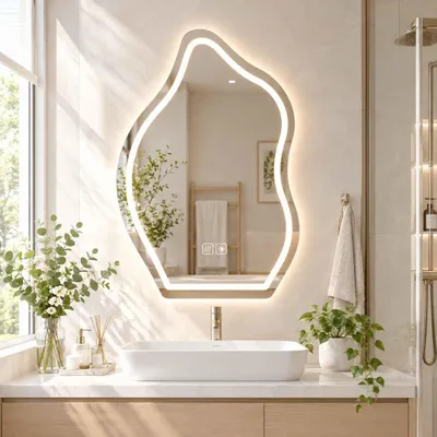Image de Miroir de salle de bain LED asymétrique avec éclairage, miroir mural anti-buée, variateur d'intensité, 3 couleurs de lumière, interrupteur tactile, miroir lumineux pour salle de bain, 50x70 cm